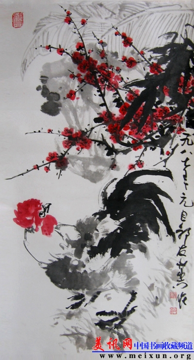 31《鸡·红梅》98cm×51cm 1987年.jpg