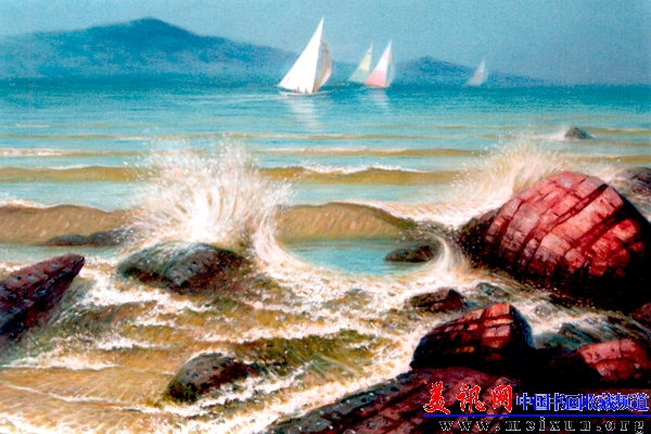 乘风破浪相争流青岛海景 油彩  亚麻布 73x50cm 1990年.jpg