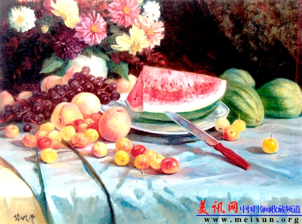 鲜花和水果静物 亚麻布 油彩 73x59cm 1990年.jpg