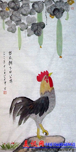 国画《丝瓜棚下的公鸡》(69x136cm).jpg