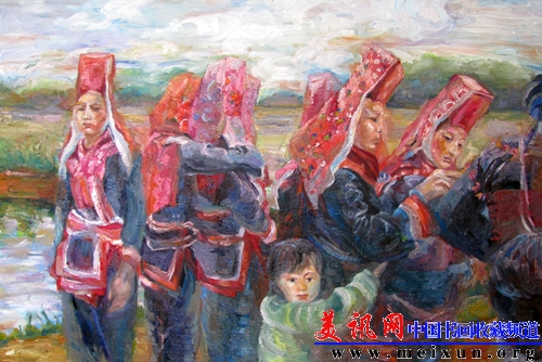 《大山里的女人》2013年创作,油画80 120,作品介绍:位于北部湾的防城港不仅有大海,还有十万大山,十万大山是个少数民族聚居最多的地方,大板瑶也是其中的一个少数民族,这张作品是大板瑶生活的一个场景。.jpg