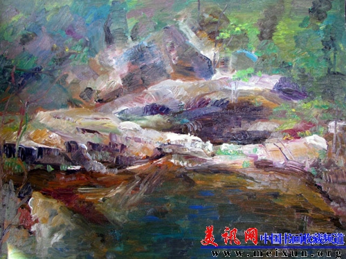 《夏》2012年创作，油画60 80。作品介绍：红石谷的那山，那水，那石头是多么的美啊。.jpg