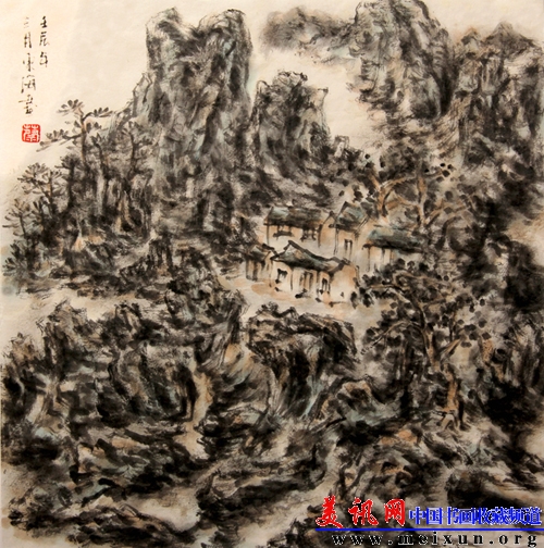 4蔡东海、《秋润山色乡居日》 2012年3月 35cm&times;35cm  纸本墨笔  广东佛山张槎中学（86453336@qq.com).jpg