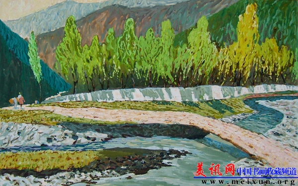 6、《夹金山下的阳光》75x46 cm-纸本水粉画、1983年黄寇新作、2001年获“重庆市第二届水彩粉画展览优秀奖”、2010年获 文化部中国国际书画艺术研究会 “复兴之路.当代中国艺术成就展特别金奖”，.jpg