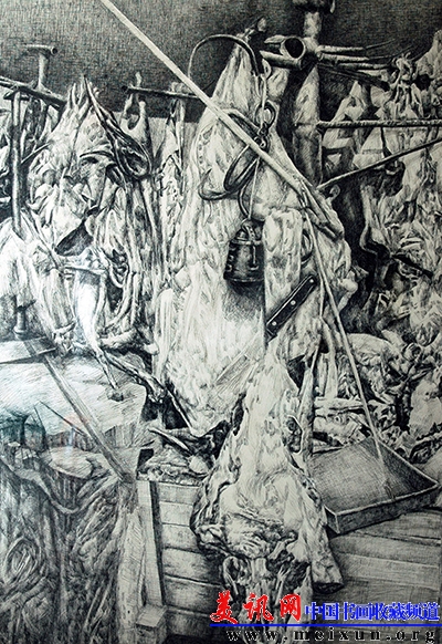 钢笔画《肉市》 作者:张新彬.JPG