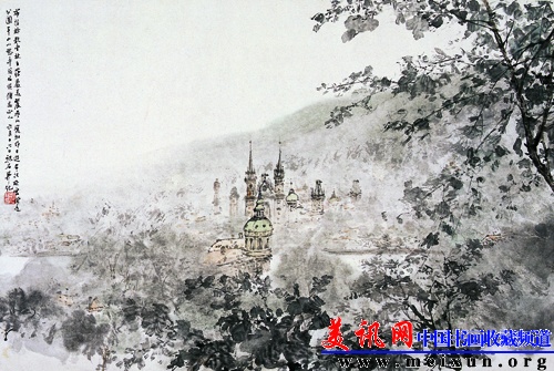 布拉格宫教堂 傅抱石 1957年 45.5cm×69cm 设色纸本 轴.jpg