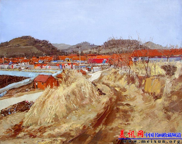 布面油画《村口》2013年80x100cm，15169557307.jpg