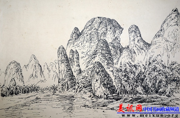钢笔画 54cmx40cm 白纸 桂林兴坪 1987年.JPG