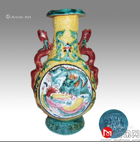フォロー割適用】 花瓶 中国花瓶 骨董品 古美術 象鼻耳 粉彩 金彩 山水